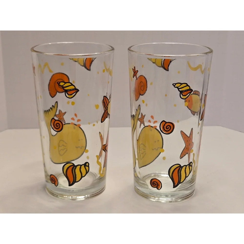 Set of 2 Vintage Yellow Whale Seashell Drinking Glasses‎ 16oz Indonesia RARE